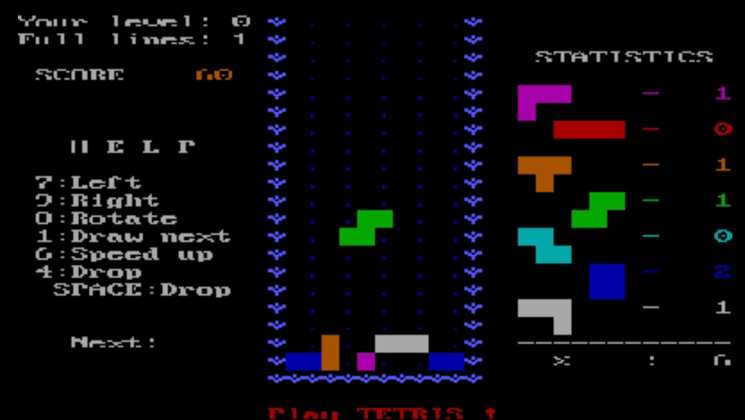 tetris 1986 - Level 0 Lines 1 Statistics Your Fu 11 Score Go || El P 7Left O Right 0 Rotate 1 Draw next GSpeed up 4 Drop Space Drop Next Plan Tetris 1 1 1 0 72